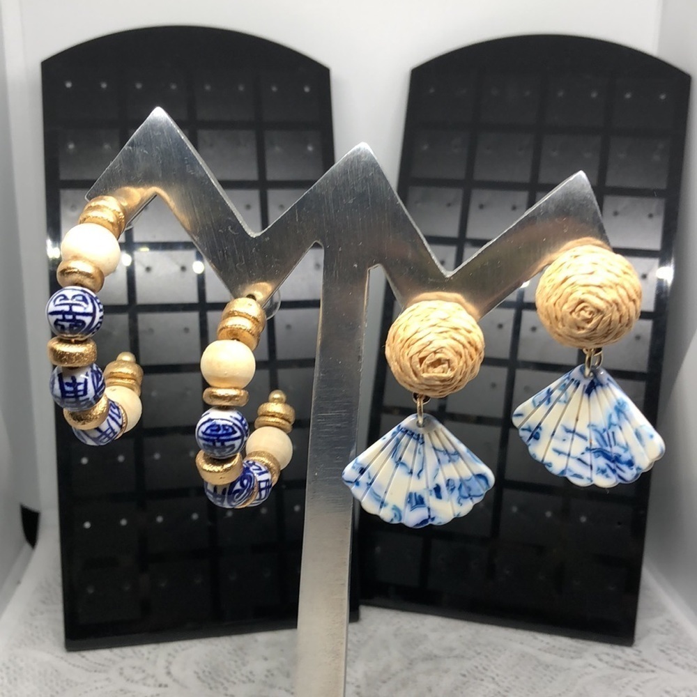 Curated bundle Chinese ceramic statement look earrings hoops and dangle drop.